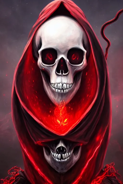 Image similar to A full body portrait of a mysterious character with a realistic skull with a very long hooded blood red and black cloak, tentacles coming out the ground art by Shaddy Safadi and Jason Chan, ominous, cosmic horror, trending on artstation, Ultra detailed, hyper realistic 4k