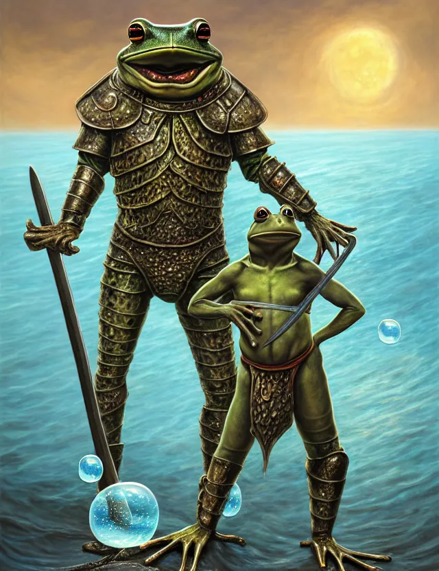 Prompt: anthropomorphic bipedal frog that is wearing steel plate armor, and holding a colossal sword in his hand, as a matte oil painting and d & d character art, by alex grey, standing, fullbody, floating bubbles, sea foam, ocean spray, award - winning, extremely detailed, sharp focus