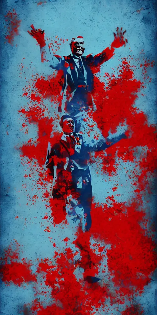 Prompt: Mustafa Kemal Ataturk fighting with zombies, digital art, red and blue