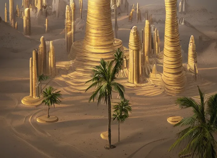 Image similar to cover concept art of the lost sand city, levitating rock piles, golden towers, golden pillars, palm trees, space and time, floating objects, post-processing, in the style of Hugh Ferriss, Behance, Artgerm. High detail, ultra realistic render, octane, 3D, photorealism, symmetric, cinematic from the umbrella academy