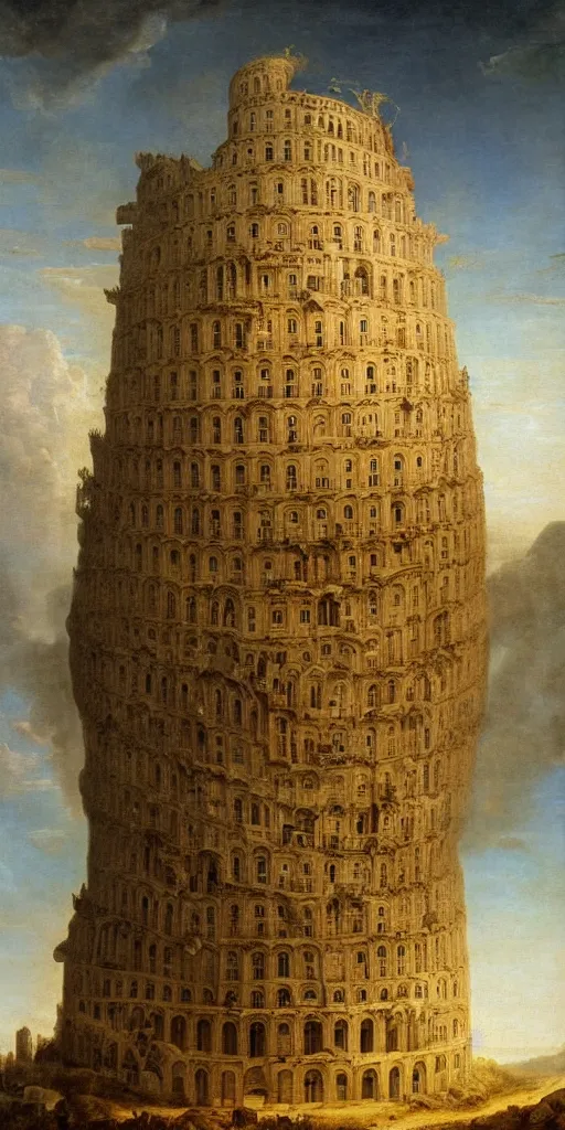 Image similar to baroque oil painting of : the elaborate ornate “ tower of babel ” is extremely tall and rises high above the mountains and the clouds all the way to heaven with golden rays of sunlight. photorealistic historical art with many small details ; heavenly ; majestic ; glorious ; beautiful.