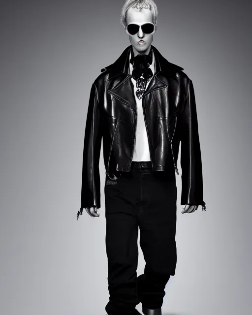 Prompt: an award - winning photo of a thick plain cropped extremely baggy pirate designer menswear leather jacket with an oversized collar and bootcut trousers designed by alexander mcqueen, 4 k, studio lighting, wide angle lens