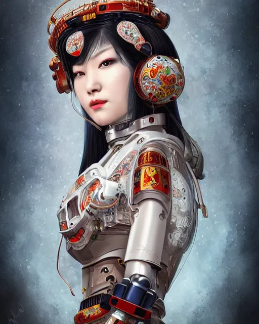 Image similar to upper half portrait of a female robot with machine head gear cyberpunk face accessories, decorated with chinese opera motifs, royal, fine china, wuxia, traditional chinese art intricate intense elegant highly detailed digital painting artstation concept art smooth sharp focus illustration, art by mike nash and artgerm and alphonse mucha and vania zouravliov, 8 k
