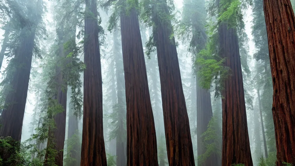 Prompt: redwood forest sequoia very tall trees beautiful concept art misty