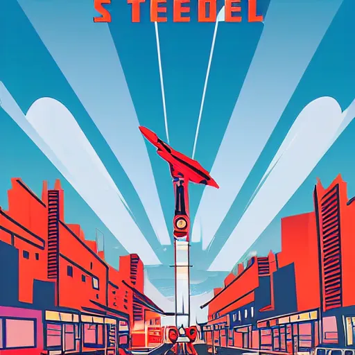 Prompt: rocket standing on a street in the middle of a cyberpunk city, neon signs, 1 9 6 0 s poster, psychedelic, minimalism, clouds, night time, dramatic lighting, flat design, flat colors, in the style of a soviet propaganda poster