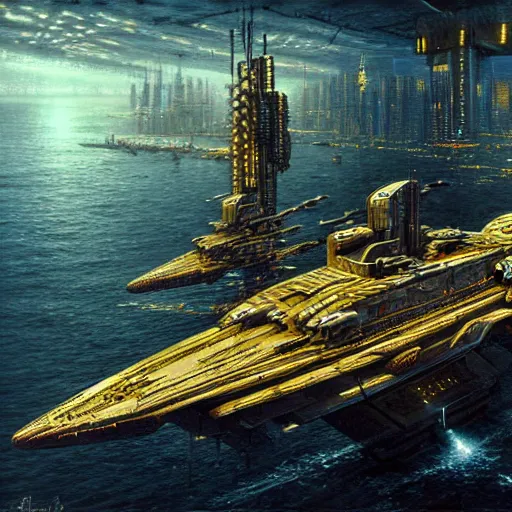 Image similar to cyberpunk battleship hovering, atmospheric lighting, painted, intricate, golden hour, ultra detailed by peter gric, giger, enki bilal