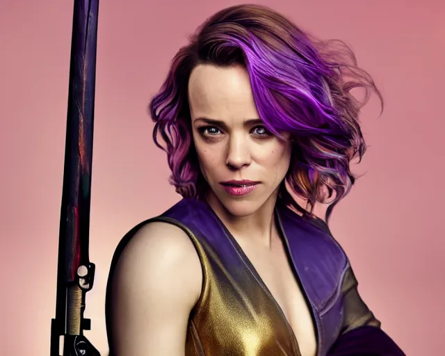 Image similar to Rachel McAdams in heroic pose with weapon, cinematic, 4k, hyper realistic, super detailed, colorful accents, purple hair, golden ratio, symmetrical face, highly detailed professional photo, centered, rim lights, vray caustics, hyper realistic