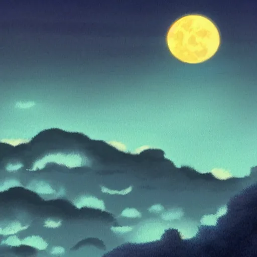 Image similar to a moon shining behind a cloudy night, cool color palette, matte painting in the style of studio ghibli