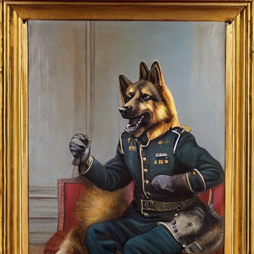 Image similar to a oil painting of a anthropomorphic german shepherd beast - man, wearing military outfit, sitting on an armchair