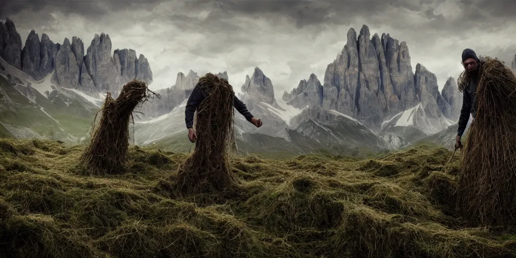 Image similar to alpine farmer transforming into a monster ,roots and hay coat, dolomites in background, dark, eerie, despair, portrait photography, artstation, digital art, concept art, artstation, highly detailed, sharp focus, by caravaggio