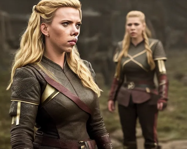 Prompt: starfleet uniform, portrait of scarlett johansson as lagertha, in starfleet uniform, from the tv series vikings