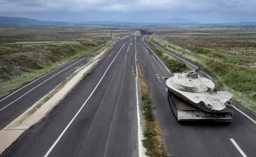 Prompt: A massive future tank, rolling down a highway