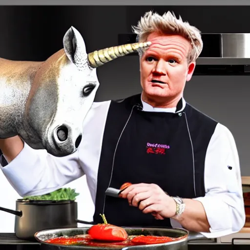 Image similar to hyper real Gordon Ramsey cooking a unicorn in kitchen 4k