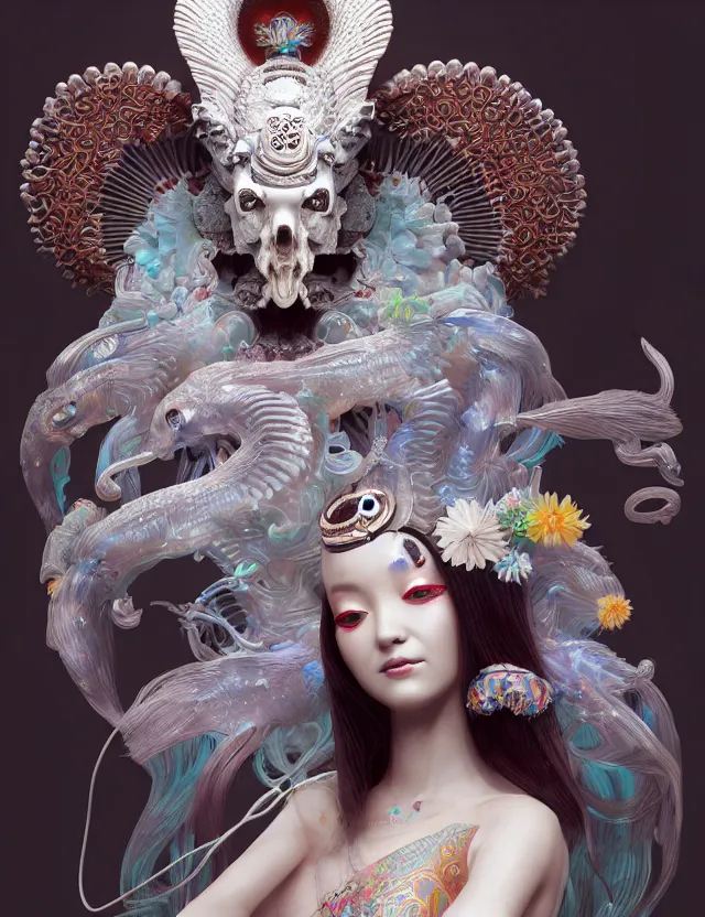 Image similar to 3 d goddess close - up 3 / 4 portrait with ram skull. beautiful intricately detailed japanese crow kitsune mask and clasical japanese kimono. betta fish, jellyfish phoenix, bio luminescent, plasma, ice, water, wind, creature, artwork by tooth wu and wlop and beeple and greg rutkowski