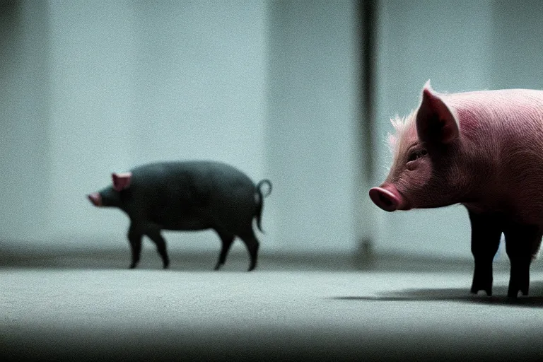 Prompt: movie scene closeup pig wearing a suit at a pidium. by emmanuel lubezki