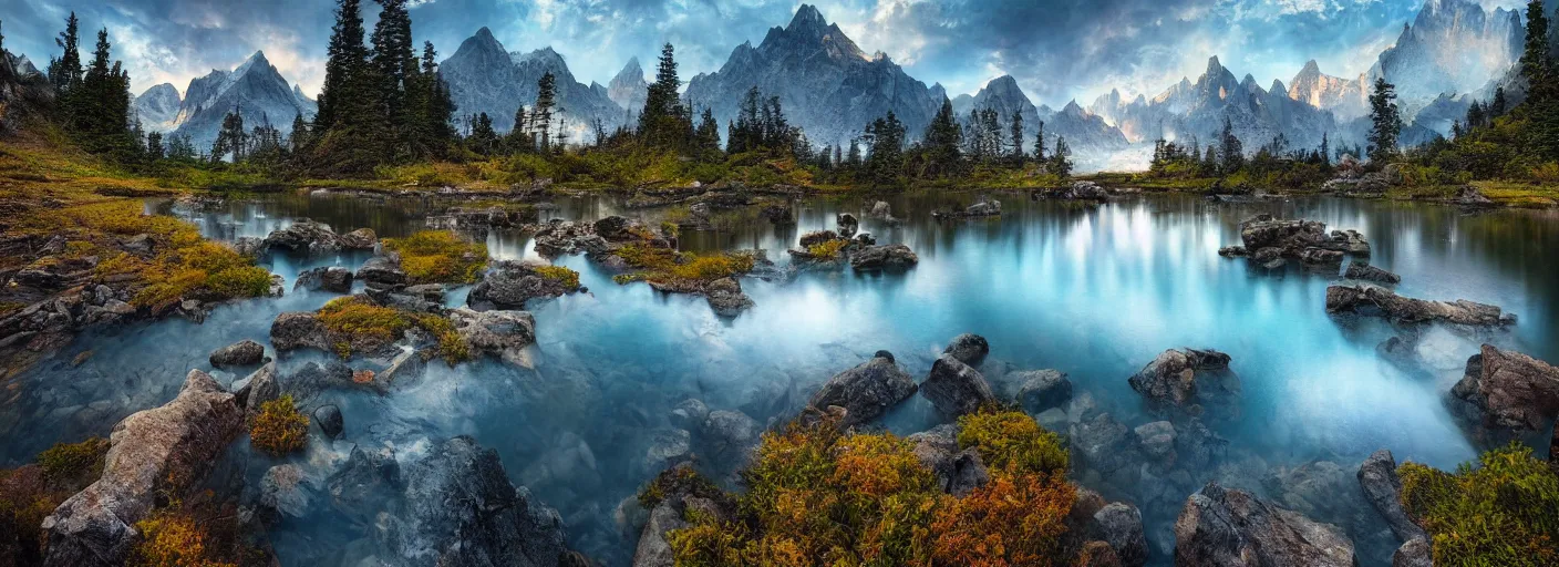 Prompt: photograph of mountains with a lake in front of them, trees on the side, rocks in foreground by marc adamus, highly detailed, intricate detail, cinematic lighting