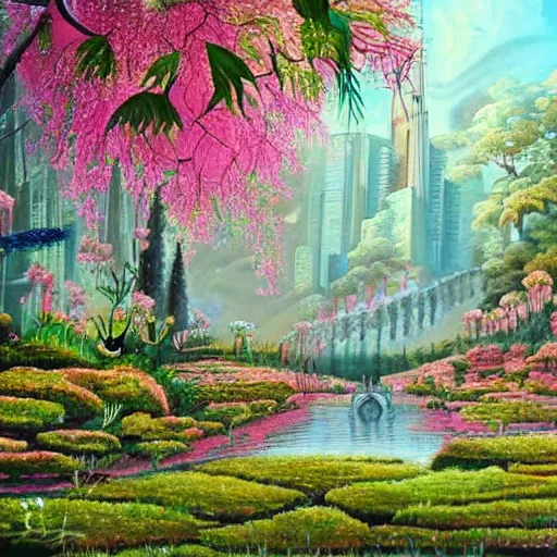 Image similar to Extraordinary beautiful city of the future in harmony with nature. Beautiful detailed painting by Lurid. (2022)