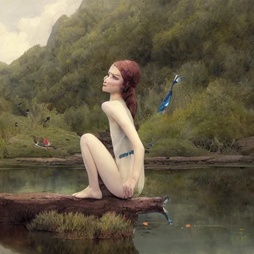 Prompt: Anthropomorphic bird, sitting at a pond, mountainous area, trees in the background, oil painting, by Fernanda Suarez and Edgar Maxence and Greg Rutkowski