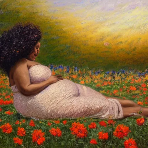 Image similar to pregnant black woman with curly hair in a vast field of flowers, laying down, a tiny black puppy running around, golden hour, vintage, impressionist painting, fine art, oil painting, dreamy, pastel, laughing, happy, intricate details, sharp, peaceful, serene