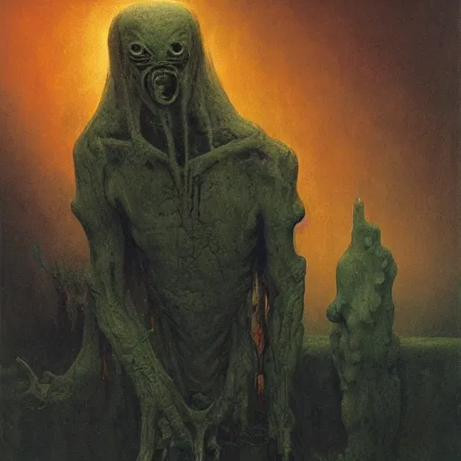 Image similar to demonic alien with long fingers at the foot of the bed in a dark room, tombstones, cows, beksinski