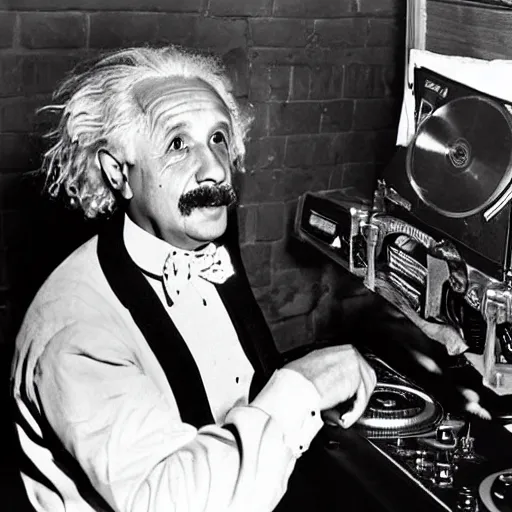 Image similar to photo of Albert Einstein DJing a record player at a nightclub, vintage, highly detailed facial features, at a nightclub