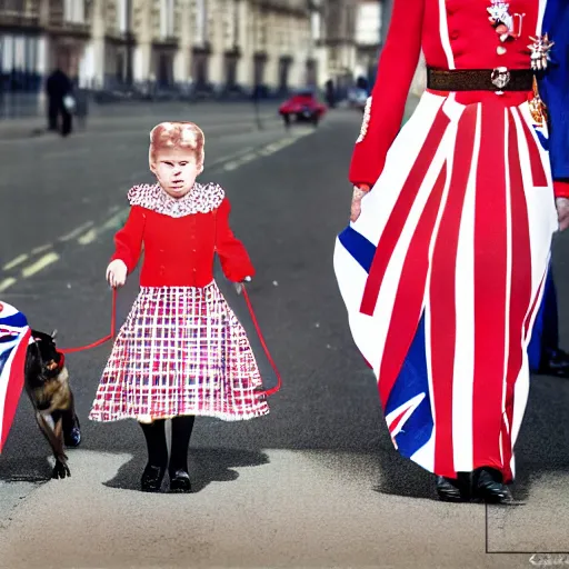 Image similar to photography portrait of queen elizabeth ii, queen of united kingdom, wearing a union jack dress and walking her dogs in the streets of london, photorealistic, canon r 3, photography, wide shot, symmetrical features, symmetrical pose, wide angle shot, head to toe, standing pose, feet on the ground