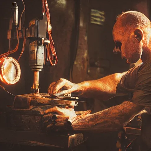 Image similar to half rusted old egg beater half stun - gun, balding older cyborg repairing, red hot soldering iron, dark messy smoke - filled cluttered workshop, dark, dramatic lighting, orange tint, cinematic, highly detailed, sci - fi, futuristic, movie still from blade runner