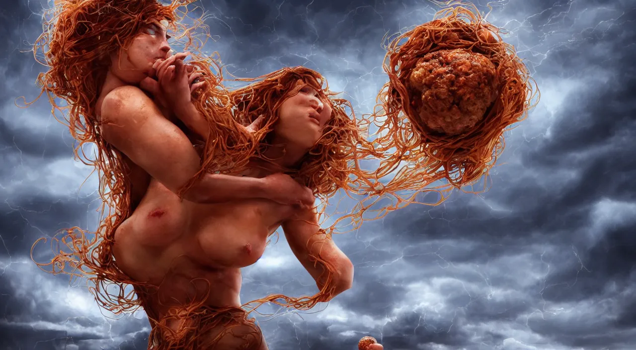 Prompt: 3 0 perfect woman bodies flying inside spaghetti bolognesa with meatballs and hundred rusted perfect woman bodies flying in stormy clouds by, fantasy art, photo realistic, dynamic lighting, artstation, poster, volumetric lighting, very detailed faces, 4 k, award winning, hyper - realism