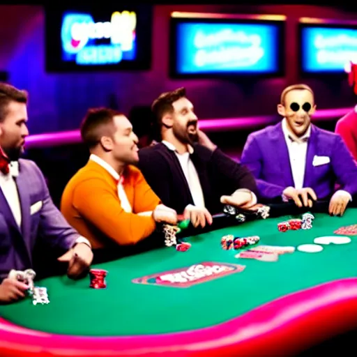 Prompt: world series of poker, a clown is at the final table, espn coverage, screenshot,