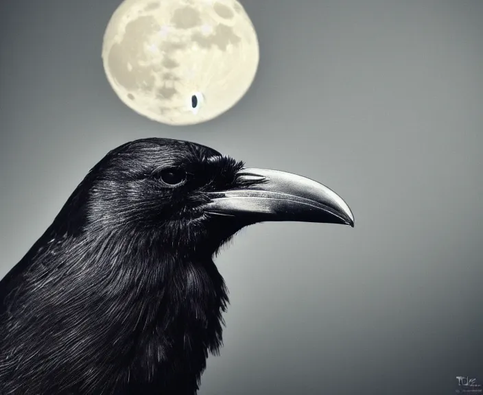 Image similar to a hyper-detailed close-up portrait of a crow on a tree in front of the full big moon; an extraordinary masterpiece; flawless; proud posture; photorealistic eyes; trending on artstation; f/1.4; 90mm