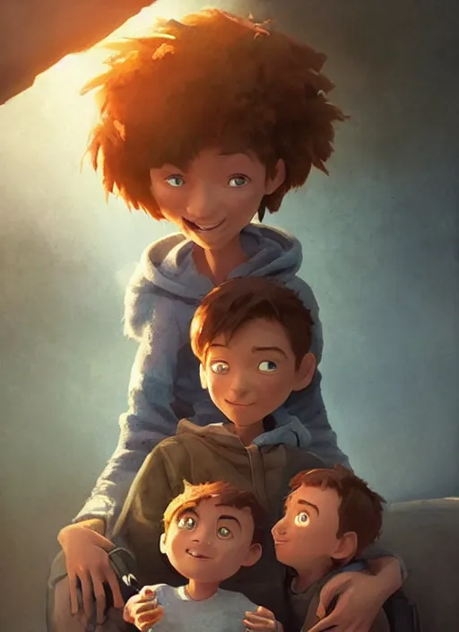 Prompt: a cute mother fostering her two sons in an adventure movie by nuri iyem, james gurney, james jean, greg rutkowski, anato finnstark. pixar. hyper detailed, 5 0 mm, award winning photography