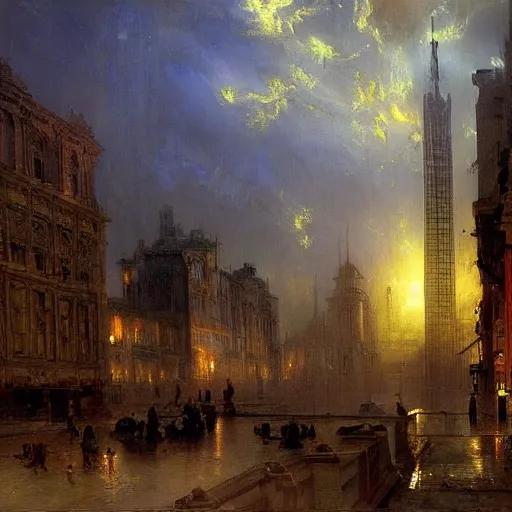 Prompt: opalescent, play doh by alan bean, by andreas achenbach. experimental art. a cityscape in which tall, imposing buildings loom over a small city park. the scene is suffused with a eerie, light, & the overall effect is one of foreboding & menace.