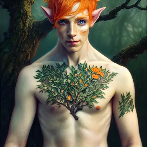 Image similar to portrait painting of an elven eladrin young man with short light orange hair and freckles and tree tattoos on his cheekbones, ultra realistic, concept art, intricate details, eerie, highly detailed, photorealistic, octane render, 8 k, unreal engine. art by artgerm and greg rutkowski and charlie bowater and magali villeneuve and alphonse mucha