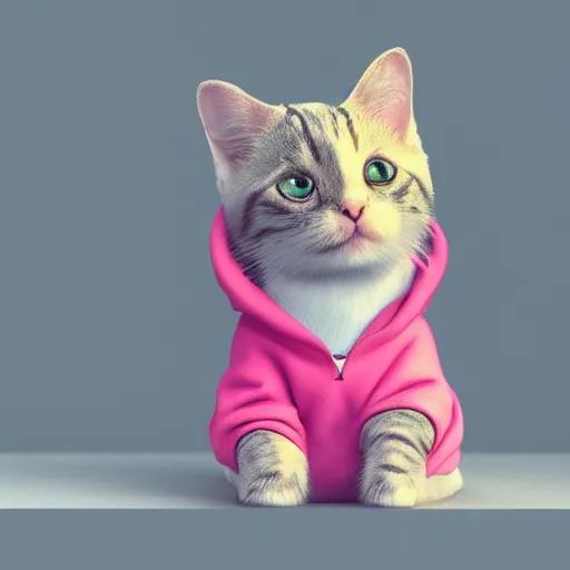 Prompt: a Little cat wearing a pink hoodie sitting on a couch, trending on artstation, HDR, nicely detailed, 8k, Instagram photo