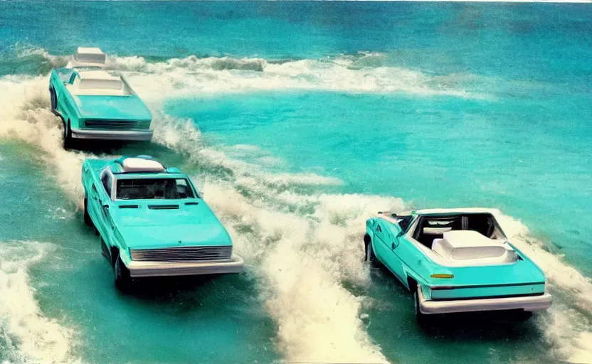 Image similar to photorealistic picture of a scarab 3 8 kv driving in turquoise water. miami. 8 0's style