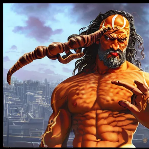 Image similar to jason momoa as dhalsim street fighter, ultra realistic, concept art, intricate details, highly detailed, photorealistic, octane render, 8 k, unreal engine, art by frank frazetta, simon bisley, brom