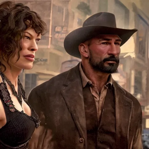 Prompt: an oil-painting of a busy old west town with Mila Jovovich and Dave Bautista