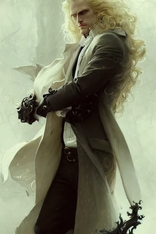 Image similar to the pale blond johan liebert mixed with alucard picture by Greg Rutkowski, very very very very long blond curly hair, baroque curls, dynamic pose, matte painting, intricate, z brush, fantasy concept art, elegant, by Stanley Artgerm Lau, WLOP, golden ratio, thomas kindkade, alphonse mucha, loish, Peter chung, norman Rockwell,