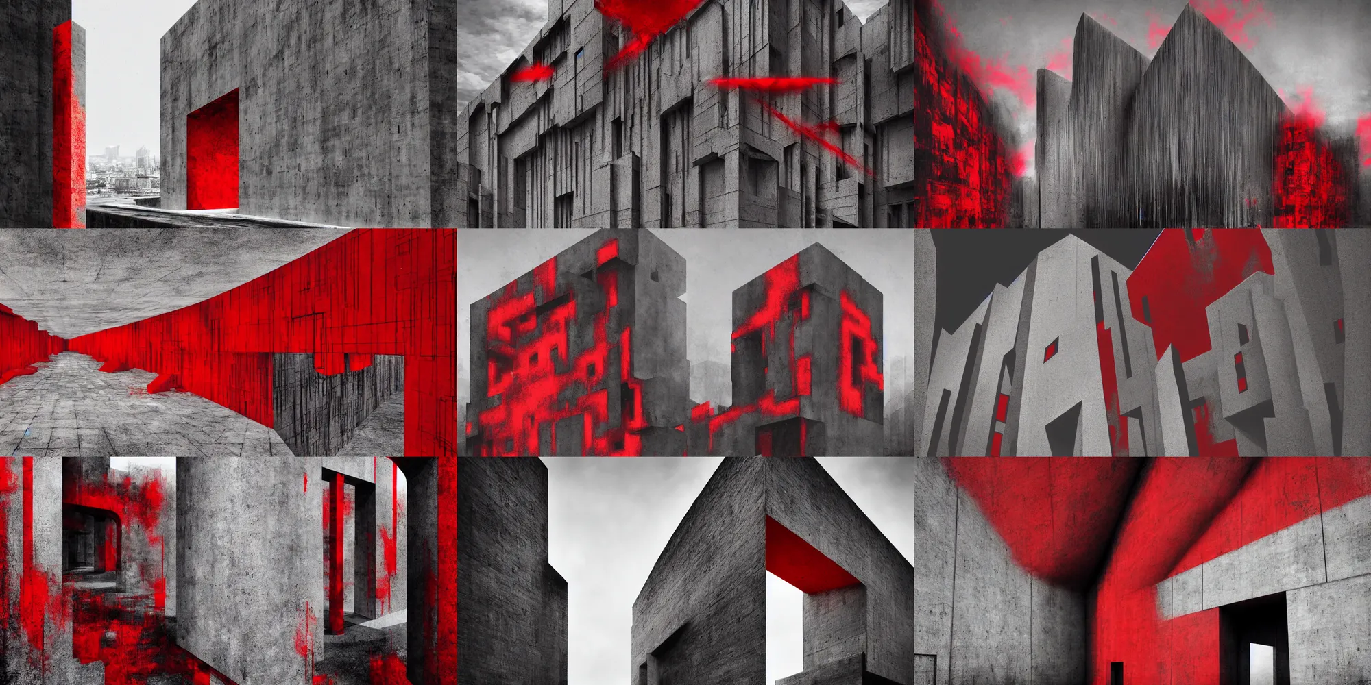 Prompt: brutalistic achitecture, huge monolith portal to another dimension concrete buildings, massive, color red, dark, black, gray, modern art, concept art, digital art, poster, photography