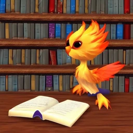 Prompt: a cute adorable phoenix fledgling learning to read in a library #VRMMO