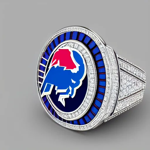 Image similar to Buffalo Bills championship ring, diamonds, sapphires, smooth lighthing, ultradetailed, 4k, trending on artstation, devianart and cgsociety, concept art