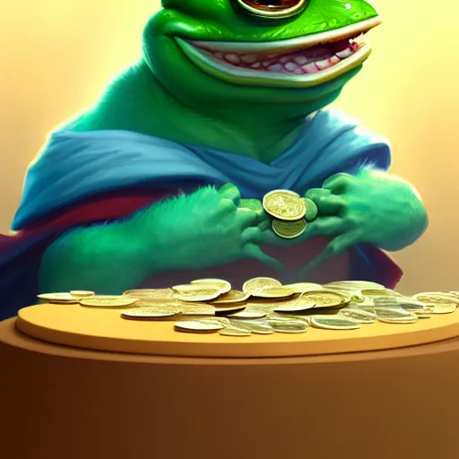 Image similar to super rich happy pepe, luxury, treasury, coins, money, hyper detalied, blue crystals, greg rutkowski, artstation