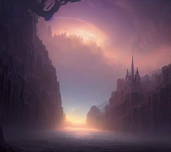 Prompt: matte painting of a small town with a huge tall demonic magical ethereal portal!!! ( in the style of noah bradley and raphael lacoste and ruan jia and marc simonetti )