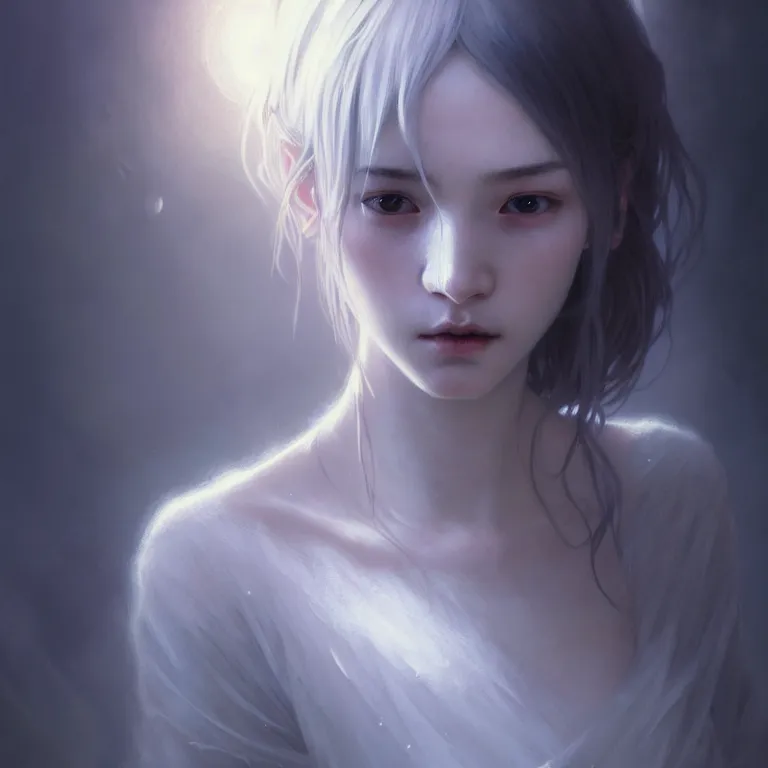 Prompt: gentle ghost, slender girl, silver skin, illustration, cinematic lighting, 8 k, d & d, frostbite 3 engine, of, artstation, intricate, digital art, twilight ray, art by tsuyoshi nagano, greg rutkowski, artgerm, alphonse mucha, radiant light, detailed and complex environment, digital art, art station trends