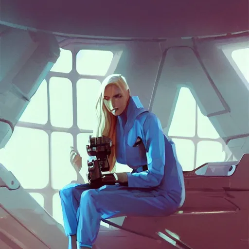 Image similar to concept art by greg rutkowski, a very tall, and slender blonde woman, wearing blue utilitarian jumpsuit, sitting in the spaceship command bridge, brutalist futuristic interior, dark lighting atmosphere, detailed portraits, nostalgic atmosphere, scifi, digital painting, artstation, concept art, smooth, sharp foccus ilustration, artstation hq