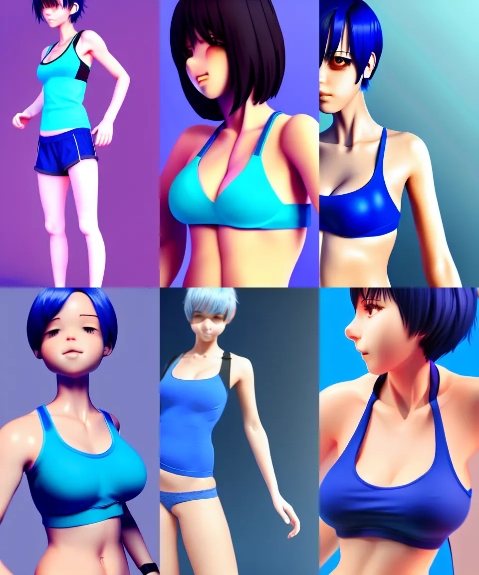 Prompt: tall girl with short blue hair, tomboy, sport bra, full body shot, artstation, kyoani, high resolution, 4k, lighting