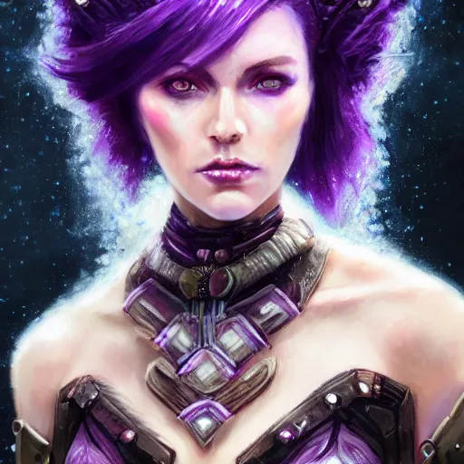Prompt: extreme close up portrait of a beautiful woman in mechanical amethyst armor, female, flowing purple hair tied in pleats, intense stare, stoic, concept art, intricate detail, volumetric shadows and lighting, realistic oil painting magic the gathering style, destiny, sci - fi,