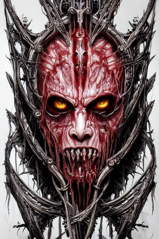 Prompt: Elden Ring and Doom themed painting of majestic crimson biomechanical necro revenant human hybrid beautiful undead angel symmetrical angry mask closeup face angry mask closeup tattoo pattern golden ratio concept, Neo-Gothic concept, infinity glyph waves, intricate artwork masterpiece, very coherent artwork, cinematic, full frontal facial features by Artgerm, art by H.R. Giger, Takato Yamamoto, Zdizslaw Beksinski, Johnatan Wayshak, Moebius, Ayami Kojima, very anatomically coherent artwork, trending on cgsociety, ultra high quality model, production quality cinema model, high detail chromatic ink outline, octane render, unreal engine 8k, hyper realism, high detail, octane render, unreal engine, 8k, High contrast