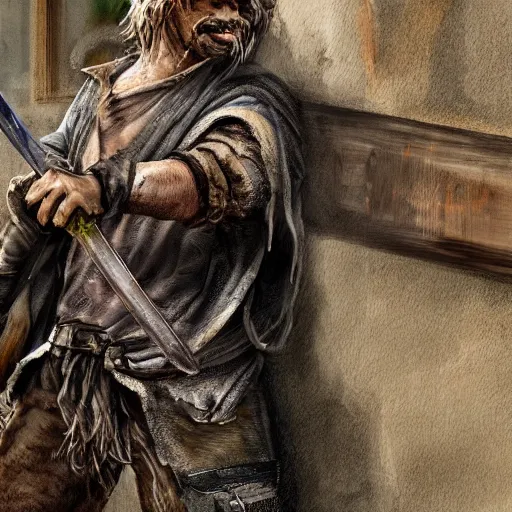 Image similar to a high detail shot of a dirty, homeless cat wearing rags, holstering sword, realism, 8 k, fantasy, d & d, concept art