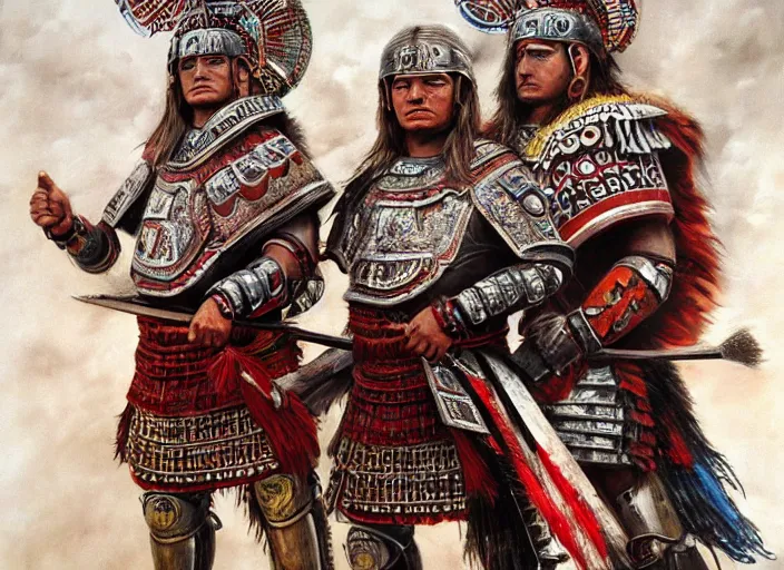 Prompt: noble aztec warriors of tenochtitan, art by denys tsiperko and bogdan rezunenko, hyperrealism
